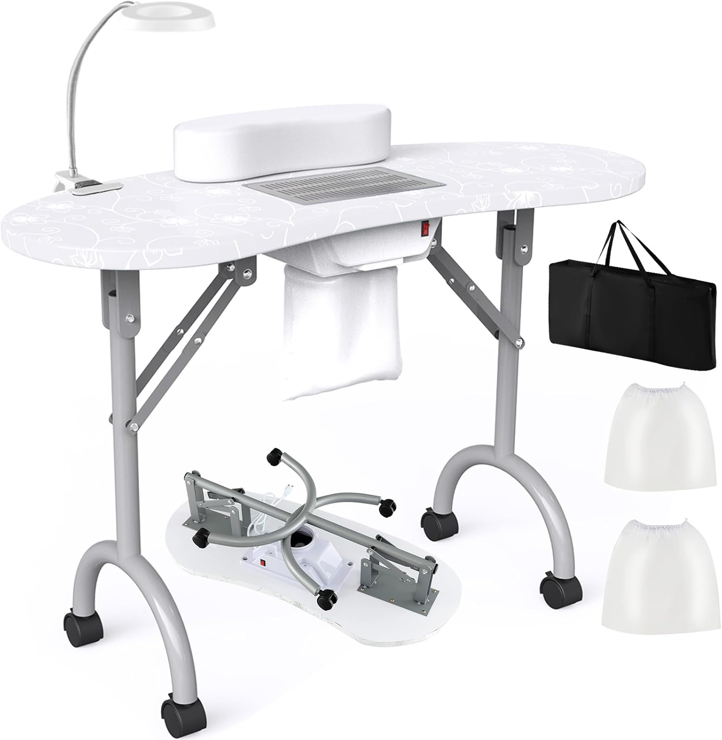 WELLHUT Nail Table All-in-One Manicure Desk w/Electric Dust Collector, LED Nail Lamp, Carry Bag & Wrist Cushion, Mobile Nail Desks w/Universal Mute Wheels for Manicurists Home Spa Beauty Salon