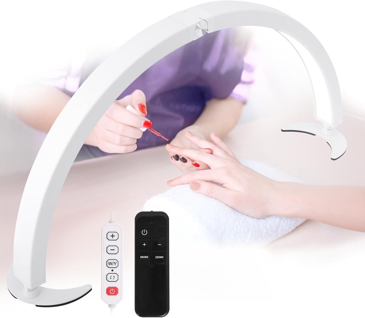 Half Moon Light for Nail Desk, 29in Half Moon Table Lamp Nail Desk Lamp with Wire Controller & Remote, Lash Light Lamp for Eyelash Extensions Tattoo PMU, 7 Cool/Warm Tones & 10 Brightness