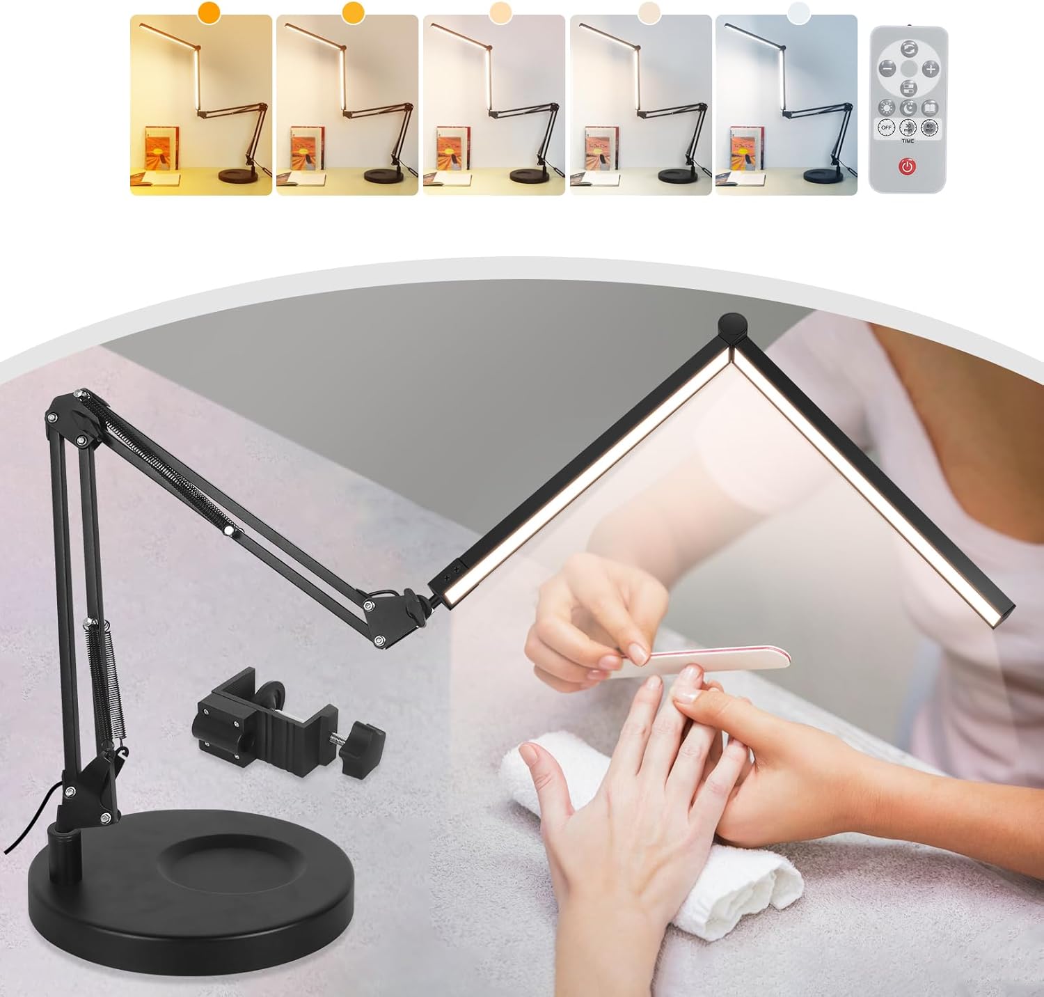 2-in-1 Desk Lamps for Nail Tech, 24W Large LED Desk Lamp with Remote Control, Dual Architect Lamp, 5 Colors Stepless Dimming Sleep Mode and Memory Function Workbench Light for Beauty Salon Home Office