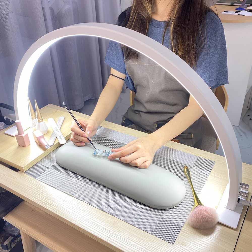 Half Moon Light for Nail Desk with Knob,29 inches 50W, 180-Degree Illumination, 3 Color Temperature Adjustable & Dimmable for Beauty Salon Eyelash Desk Lamp, Manicure Nail Art Fill Light (White)