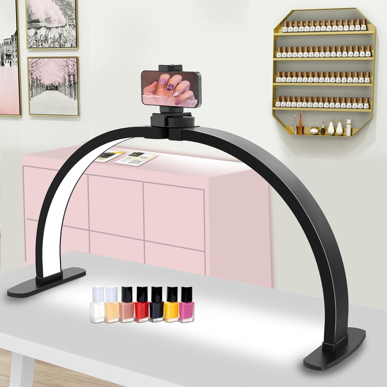 Nail Half Moon Light: Big LED Arch Nail Tech Table Lamp with Phone Holder – Nail Salon Professional Desk Light 3 Mode Lighting Manicure Technician Use